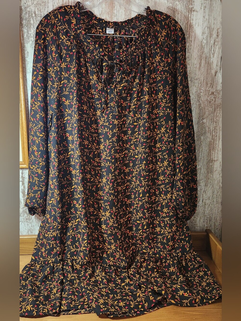 Large Old Navy Black Midi Dress Orange Red Floral Vine Print Fall Autumn Vibes